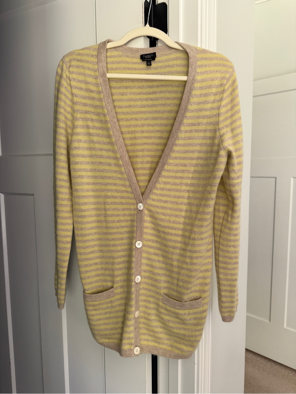 Talbots yellow stripe cashmere button down cardigan sweater